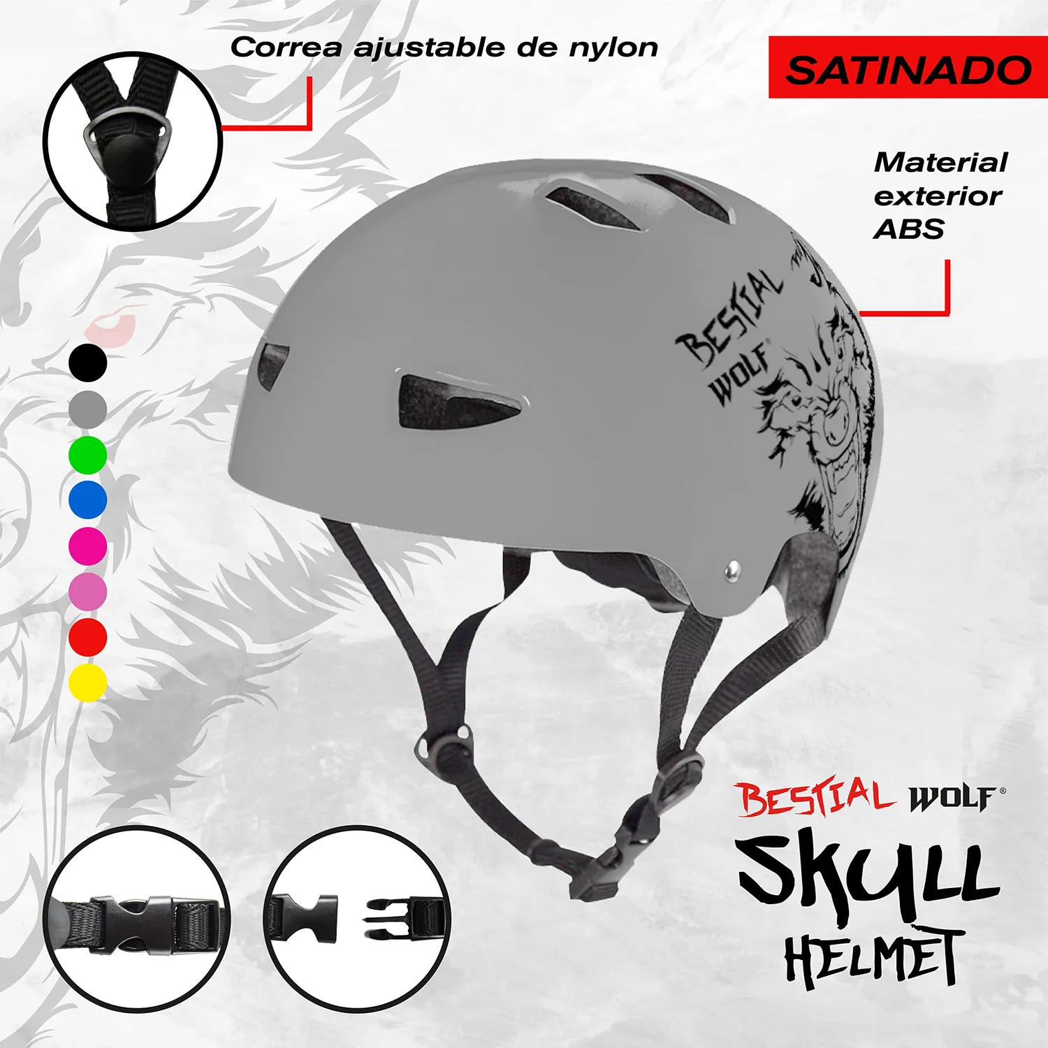 Bestial Wolf Skull Casco Skate Grigio Satinato Regolabile