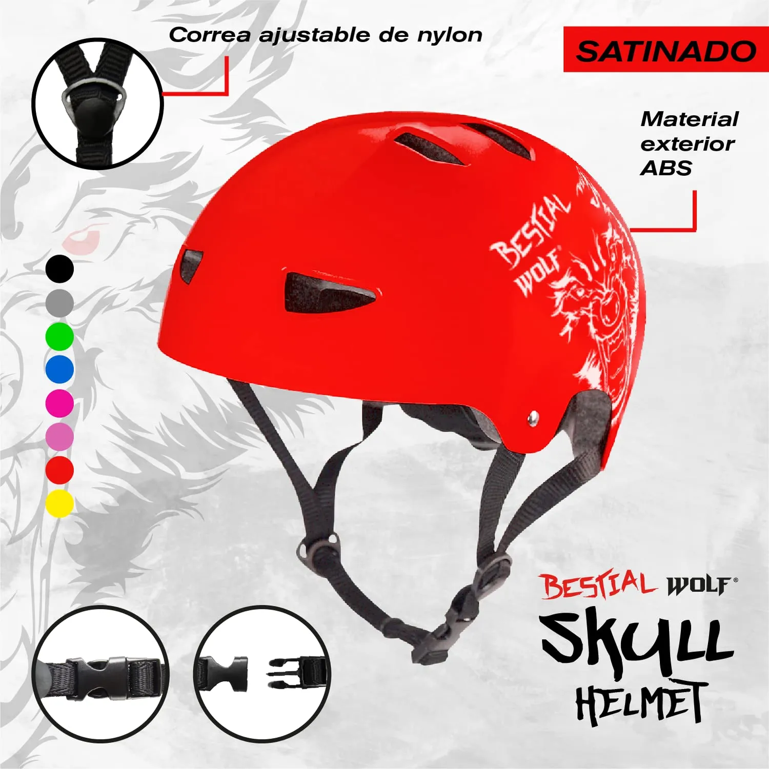 Bestial Wolf Skull casco skate rosso regolabile