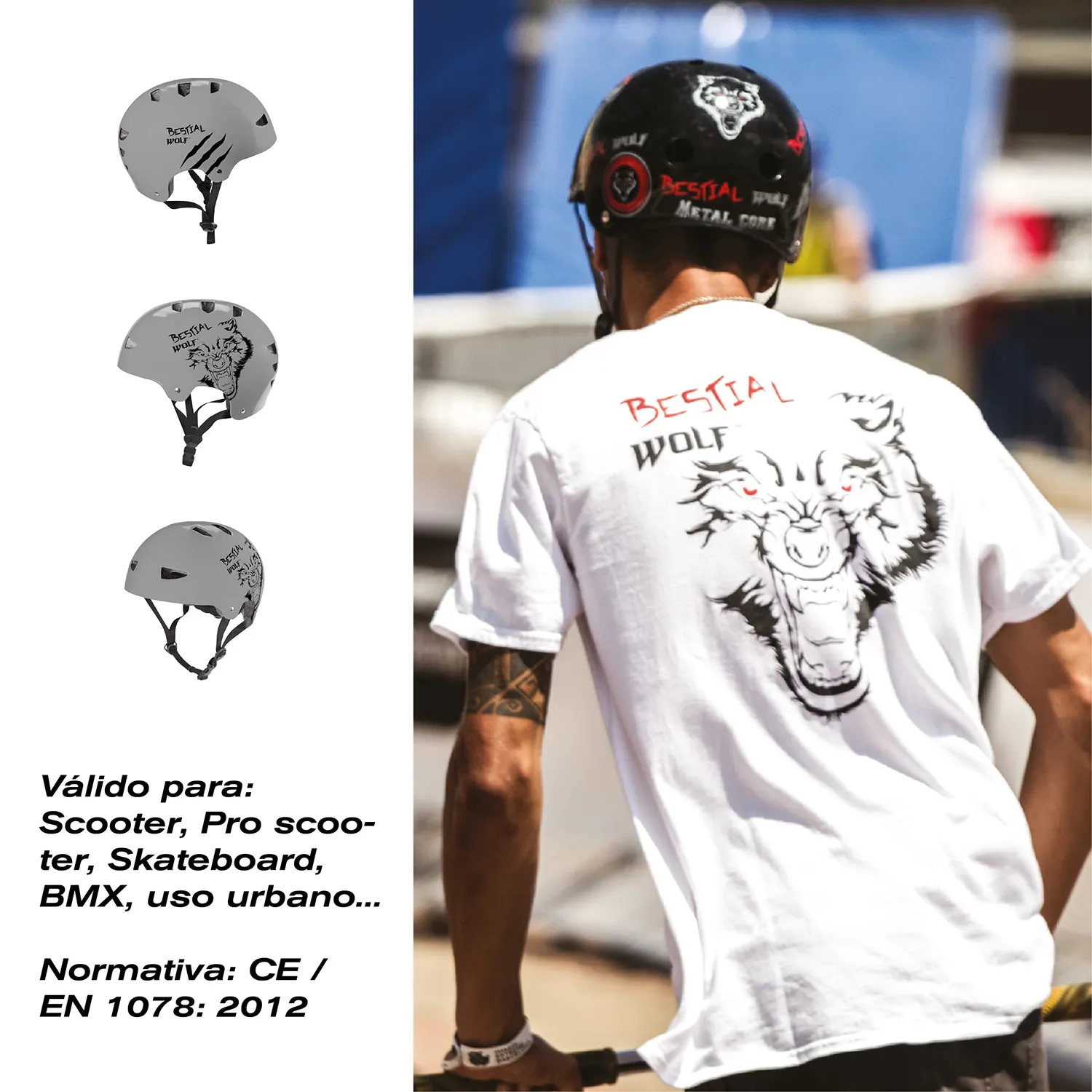 Bestial Wolf Skull Casco Skate Grigio Satinato Regolabile