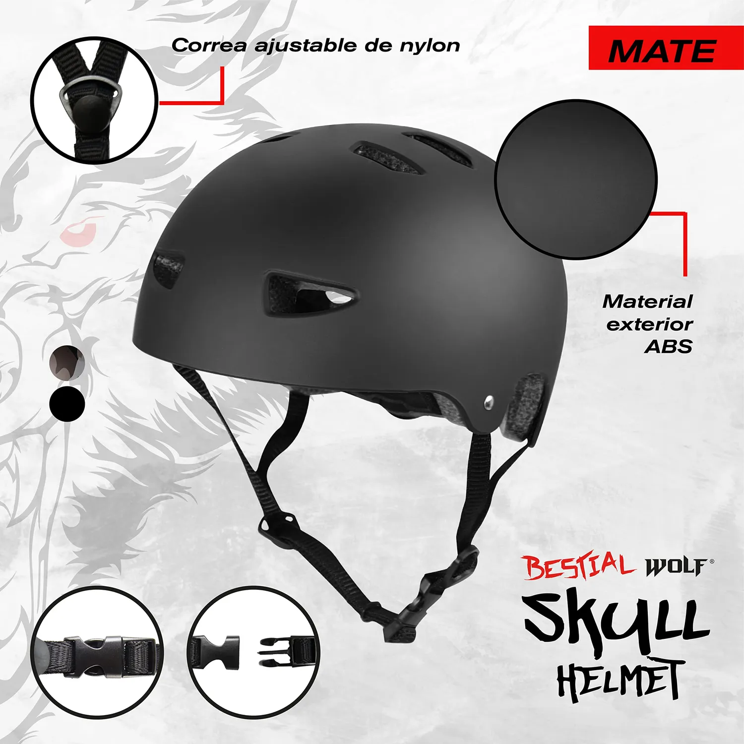Bestial Wolf Skull casco skate verde satinato regolabile