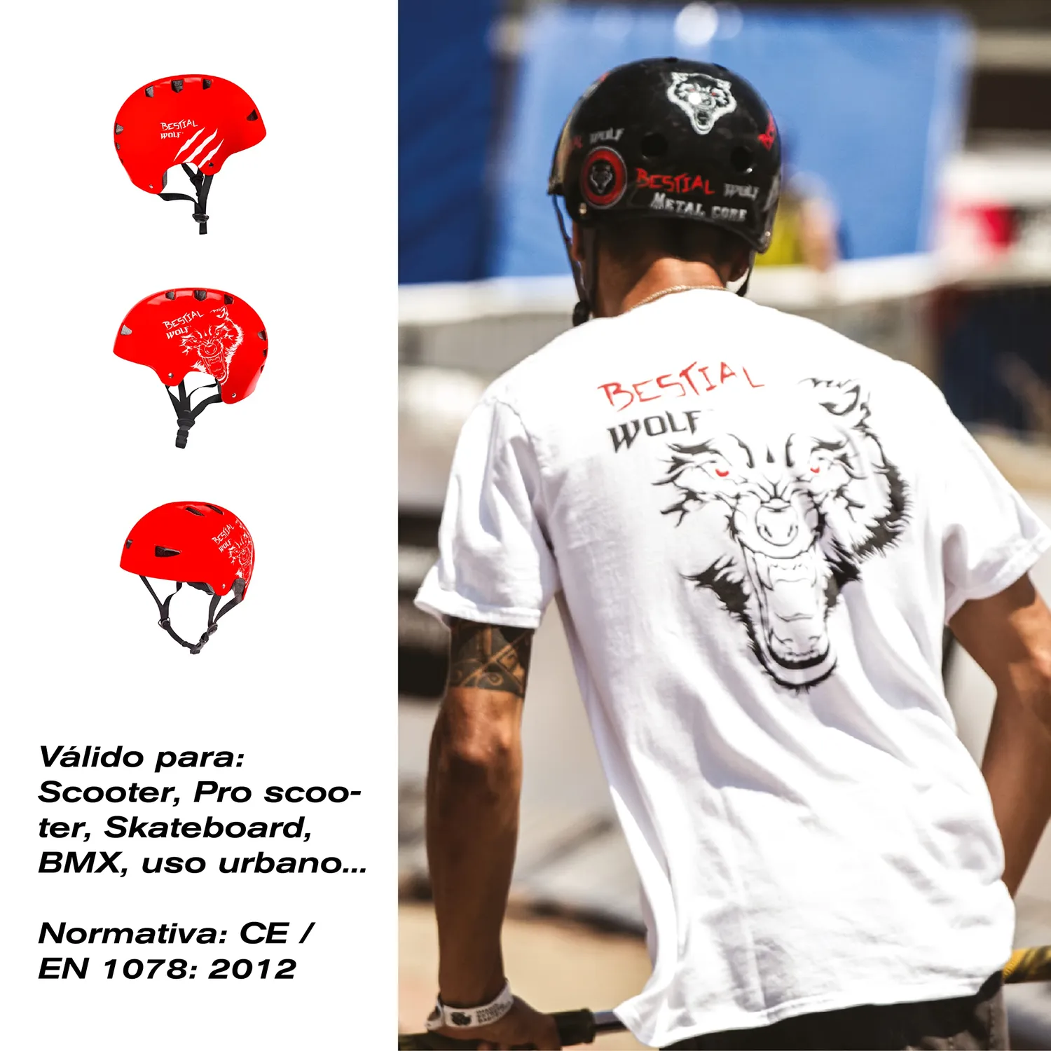 Bestial Wolf Skull casco skate rosso regolabile